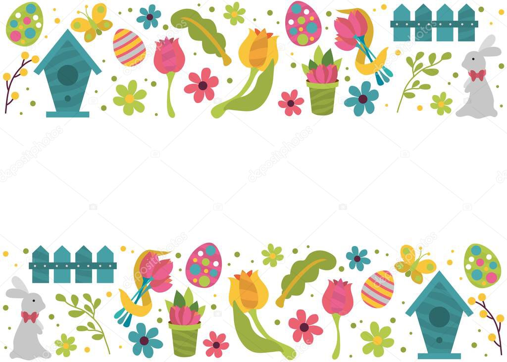 Happy easter. Ready postcard for the holiday. Rabbit, Easter eggs, flowers, pussy willow, mimosa. Spring, a religious holiday. Easter poster and banner template for Easter. Place for signature.