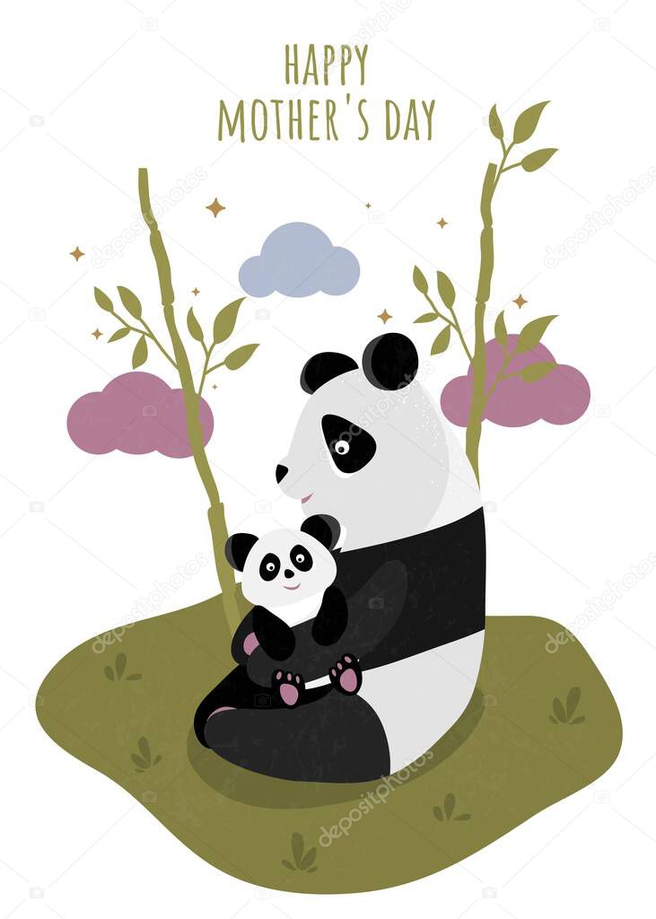 Happy Mother's Day. Cute postcard for the holiday. Gift for mom. I love you. Postcard, banner, print, design for typography. Cute vector illustration. Cartoon pandas. Mammals. Panda mom.