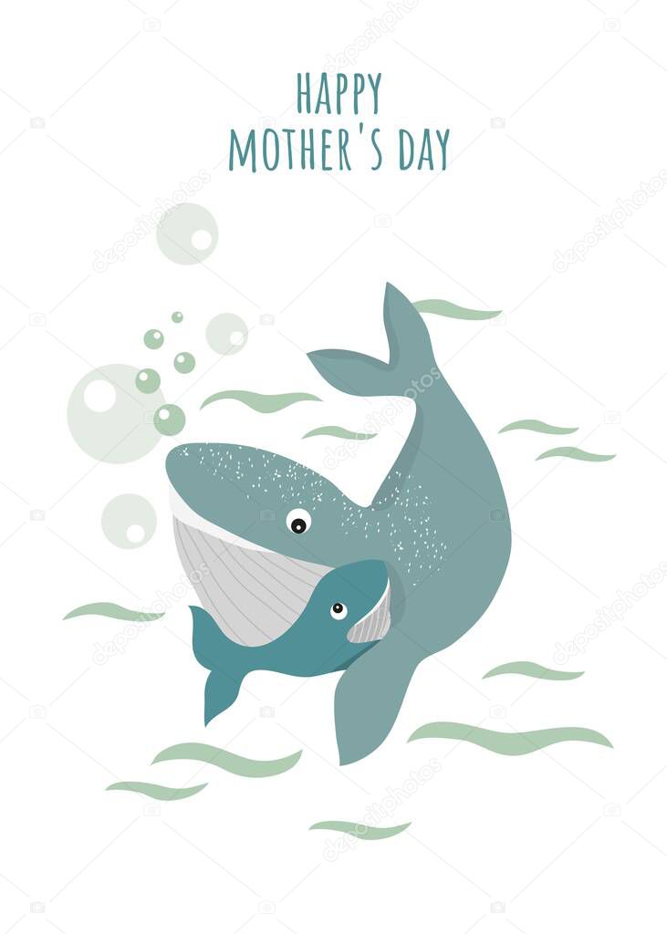 Happy Mother's Day. Cute postcard for the holiday. Gift for mom. I love you. Postcard, banner, print, design for typography. Cute vector illustration. Cartoon whales. Mammals. Mom and baby.