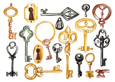 Suluboya perili anahtarlar. Kapının anahtarı. Retro illüstrasyon. Oyunlar, kitaplar, çizimler için hazır. Viktorya tarzı.