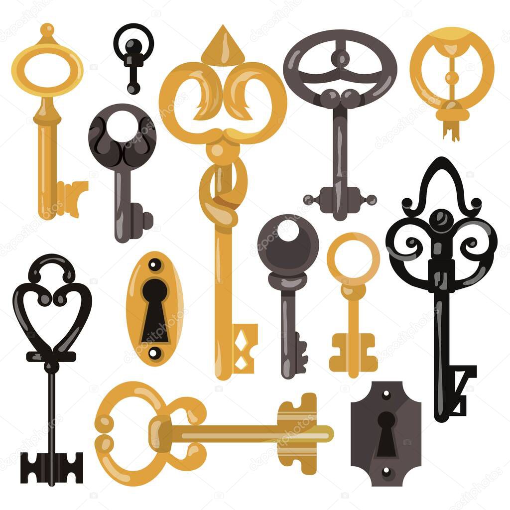 Fairy keys set in vector. Key from door. Retro illustration. Set for games, books, illustrations, website. Victorian style.
