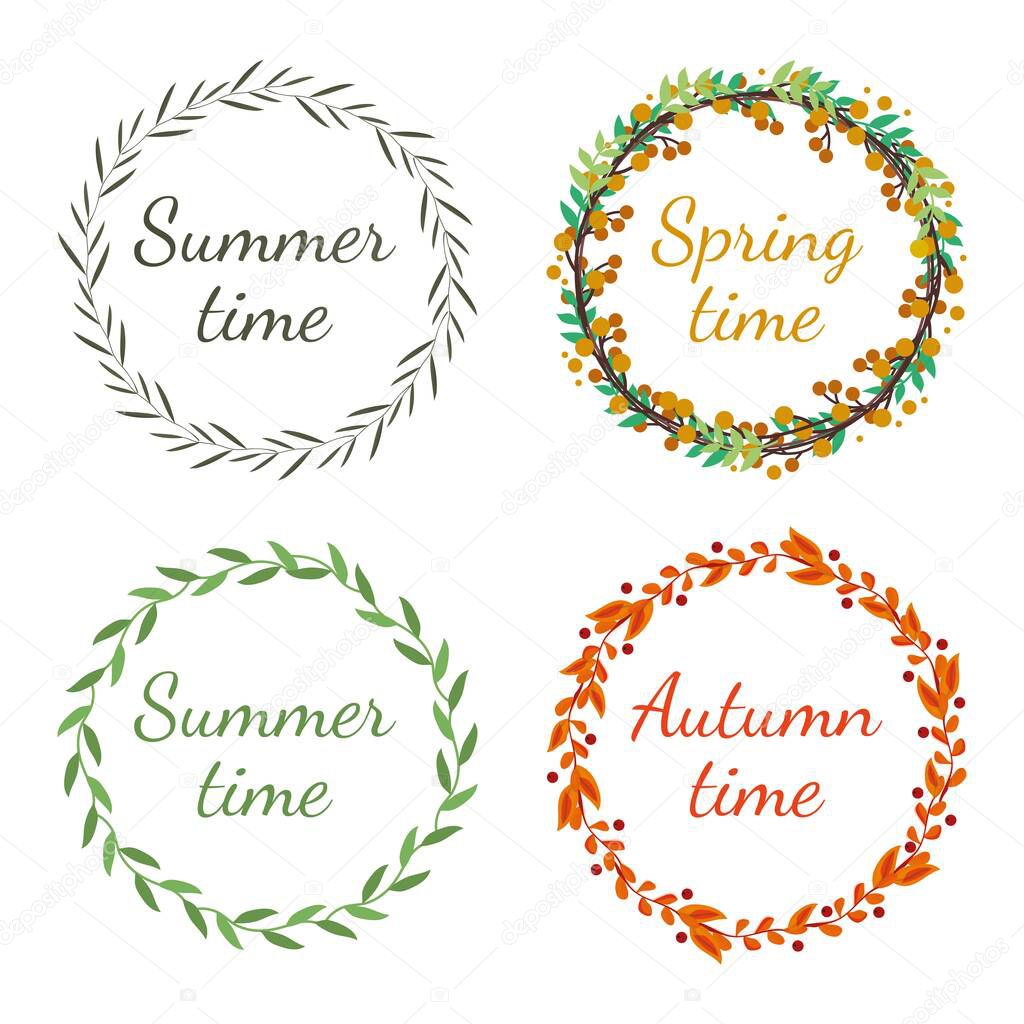 Festive, round wreaths for the seasons. Summer, spring, autumn wreath. Thanksgiving wreath with cranberries. Set of floral and leaf wreaths. Place for an inscription. Blank for the logo.