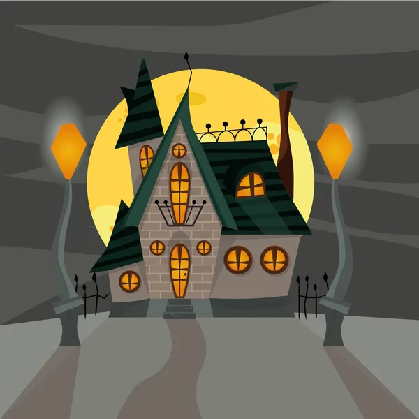 Una Casa Inusual Una Colina Halloween Trick Trea Una Postal — Vector de stock