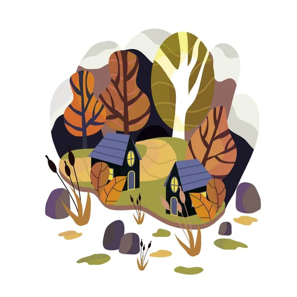 Houses Woods Landscape Mountains Lake Flat Illustration Autumn Nature Village — Stock Vector
