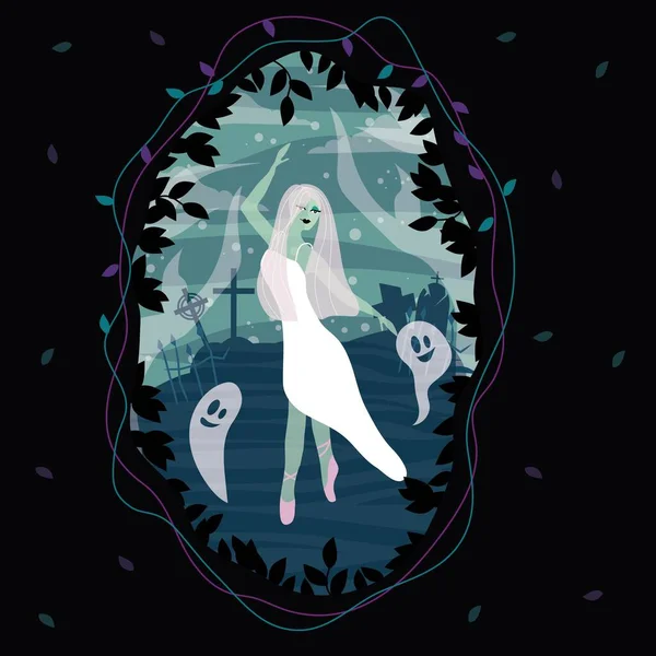 Ghost Ballerina Background Cemetery Vector Illustration Halloween Cute Ghosts Graveyard — Stockový vektor