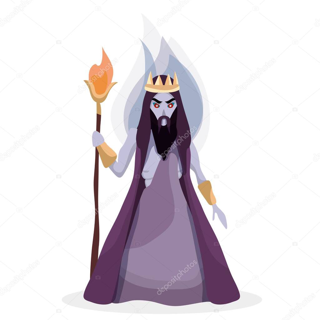 Ancient Greek god of hell. Hades. The mythological deities of Olympia. Afterlife. Fire, magic. Vector illustration of the character of ancient greece. Isolated Hades on a white background.