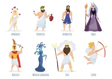 Greek gods. Aphrodite, Dionysus, Hephaestus, Hades, Hercules, Medusa Gorgon, Zeus, Cupid. Pantheon. Deities of Olympia. Greece. Cartoon style. Vector illustration of the ancient Greek gods. vector Greek gods. Aphrodite, Dionysus, Hephaestus, Hades, Hercules, Medusa Gorgon, Zeus, Cupid. Pantheon. Deities of Olympia. Greece. Cartoon style. Vector illustration of the ancient Greek gods. vector