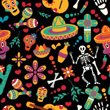 Vector Dia de Los Muertos. A set for celebrating the day of the dead. Decorated skulls, flowers, skeleton, cactus, sambrero, tequila, guitar. The background of a vector illustration. Halloween. Seamless pattern. clipart