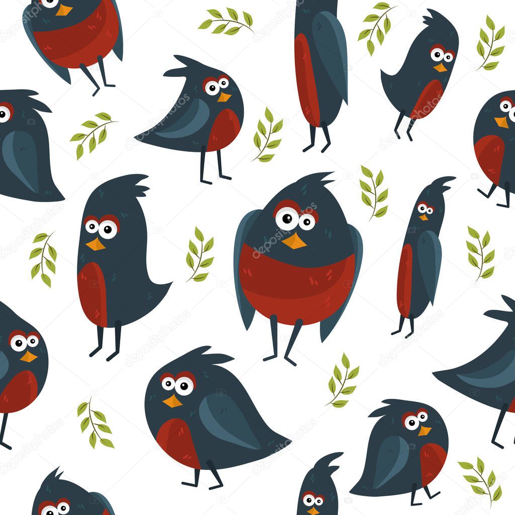 A flock of birds. Unusual and funny painted birds in a cartoon style. Cartoon. Stickers. Design of postcards, textiles. Print for bed linen. Seamless pattern.