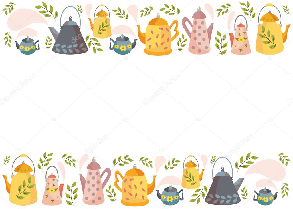 A set of teapots. Scandinavian style. Flower-decorated teapots. Vector illustration for a postcard. Spring time. Cute ceramic and iron teapots. Kitchen accessories. Tea time.