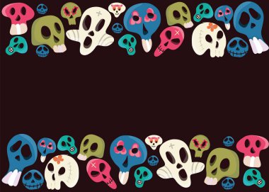 Vektör Dia de Los Muertos. Ölüler gününü kutlamak için bir set. Madalyalı kafatasları. Bir vektör illüstrasyonunun arka planı. Cadılar Bayramı. Bir kafatası seti..