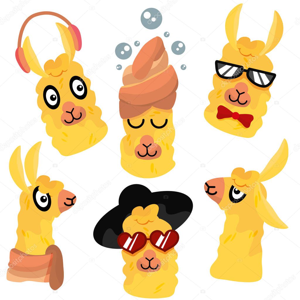 A set of funny, funny, different llamas. Vector illustration in cartoon style for stickers, printing on textiles. Clothes for the child. A lama with glasses and a hat.