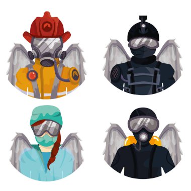 Bir doktor, bir polis, bir dalgıç, melek kanatlı bir itfaiyeci. Koruyucu melek. Birinin hayatını kurtarıyorum. Tehlikeli bir iş. Simgeler, web siteleri ve baskılar için vektör illüstrasyonu. Üniformalı bir doktor. Üniforma.