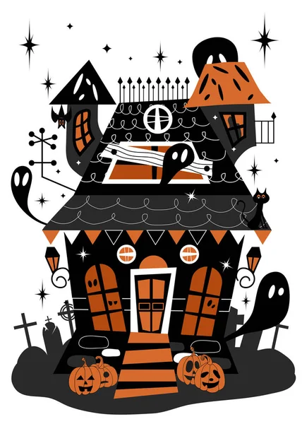 Una Casa Festiva Para Halloween Fantasmas Gato Murciélagos Calabazas Talladas — Vector de stock