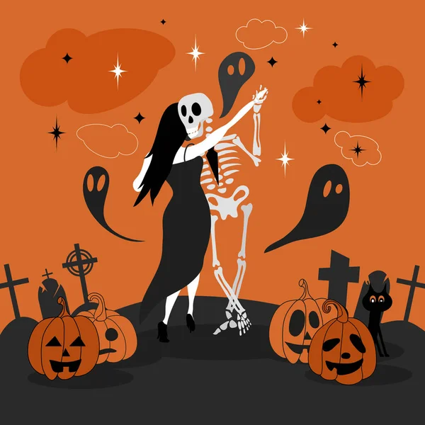 Romantický Tanec Smrt Pohlednice Halloweenské Prázdniny Duchové Vyřezávané Dýně Kostra Royalty Free Stock Vektory