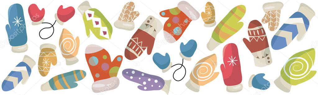 A set of knitted bright mittens. Vector illustration