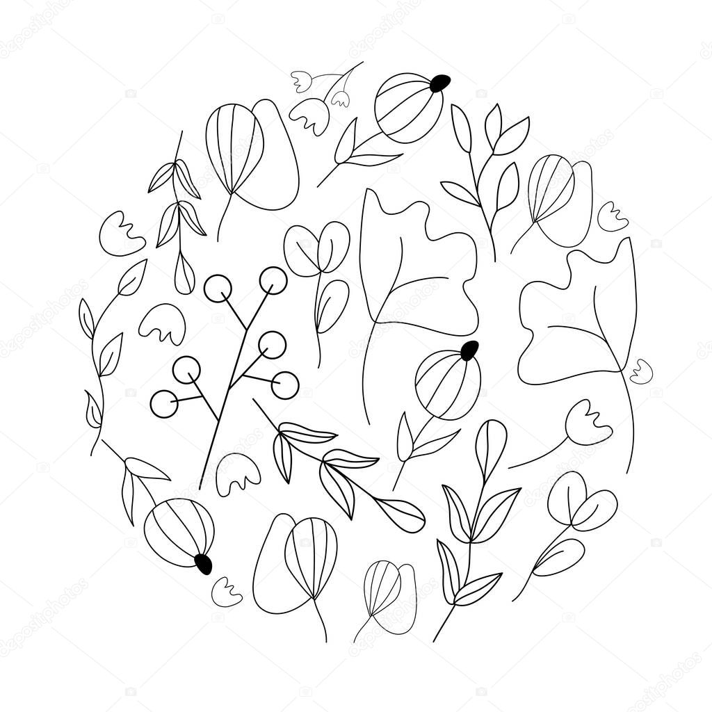 A set of plants. Botany. Homemade flowers. Linear, geometric shapes. An abstraction. Vector illustration of linear shapes. The Scandinavian style of drawings. Coloring book.