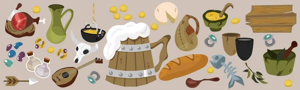 Sada Středověkých Pomůcek Vikingské Jídlo Vnitřní Vybavení Taverny Starožitné Mince Stock Vektory