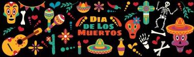 Vektör Dia de Los Muertos. Ölüler Günü 'nün kutlaması için ayarlandı. Süslü kafatasları, çiçekler, iskelet, kaktüs, sambrero, tekila, gitar. Vektör illüstrasyon arka planı. Cadılar Bayramı.