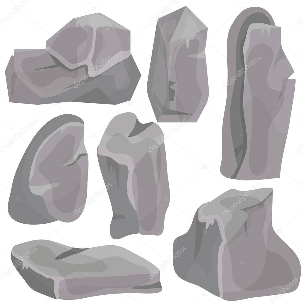 A large set of stones and cobblestones of different shapes. The texture of the stone. 3d visualization of natural boulders. Vector illustration for games, books, website. Cartoon drawing style.