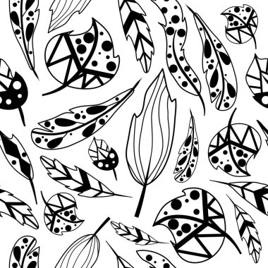 Sihirli tüylerin kusursuz deseni. Büyücülük için gerekli malzemeler. Soyut kalem simgeleri. Zentangle tarzında dizayn. Tasarım için elementler. Yazdırma, poster, tişört ve tekstil baskısı