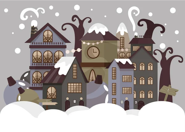 Novoroční Přání Útulné Domy Vánocům Padá Sníh Vektor Slavnostní Sněhová Royalty Free Stock Vektory