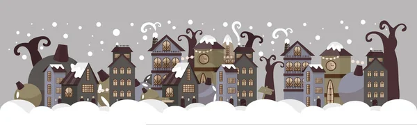 New Year Card Cozy Houses Christmas Snow Falling Vector Festive — Stock Vector