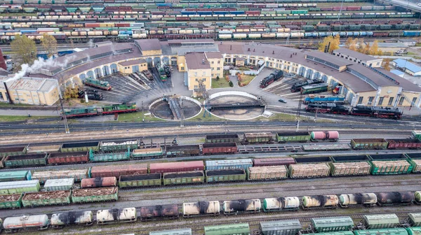 Tren istasyonunda eski buharlı lokomotifler ve yük vagonları