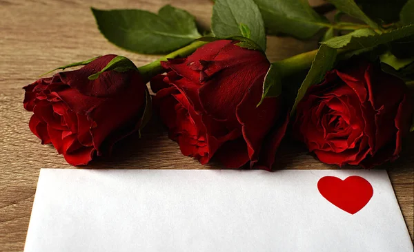 Rose Rouge Enveloppe Blanche Rubans Cadeau Pour Vos Proches — Photo
