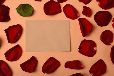 Gül yaprakları ve bir kalp ile çevrili bir zarf. Aşk ve romantizmin sembolü