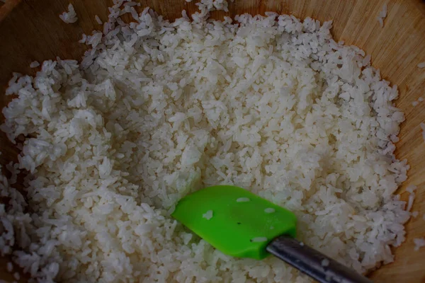 Arroz Sushi Redondo Tazón Madera Rollos Cocina Casa — Foto de Stock