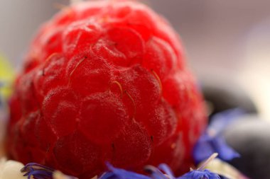 Madam Pavlova 'ya taze ahududu ve böğürtlenli nane ve mısır çiçeğiyle süslenmiş tatlı verin. Kremalı ve kremalı hafif tatlı. Macro, kapat..