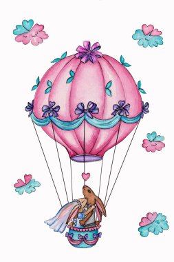 Sıcak hava balonunda uçan tavşanlar. Bu illüstrasyon kartpostallara, çocuk kıyafetlerine, çocuk odalarının iç kısımlarına ve düğün davetiyelerine basılmasında kullanılabilir..