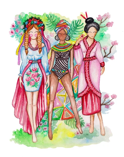 Tres Mujeres Con Diferentes Colores Piel Trajes Populares Estilizados Dibujo —  Fotos de Stock