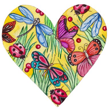 Kelebeklerle, otlarla, çiçeklerle ve uğur böcekleriyle kaplı sarı bir kalp. Yazdırma ve dekorasyon için harika bir illüstrasyon.