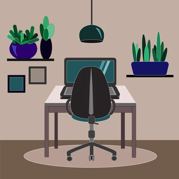 Work Desk Laptop Office Chair Cozy Room Pastel Colors Green — Stock Vector