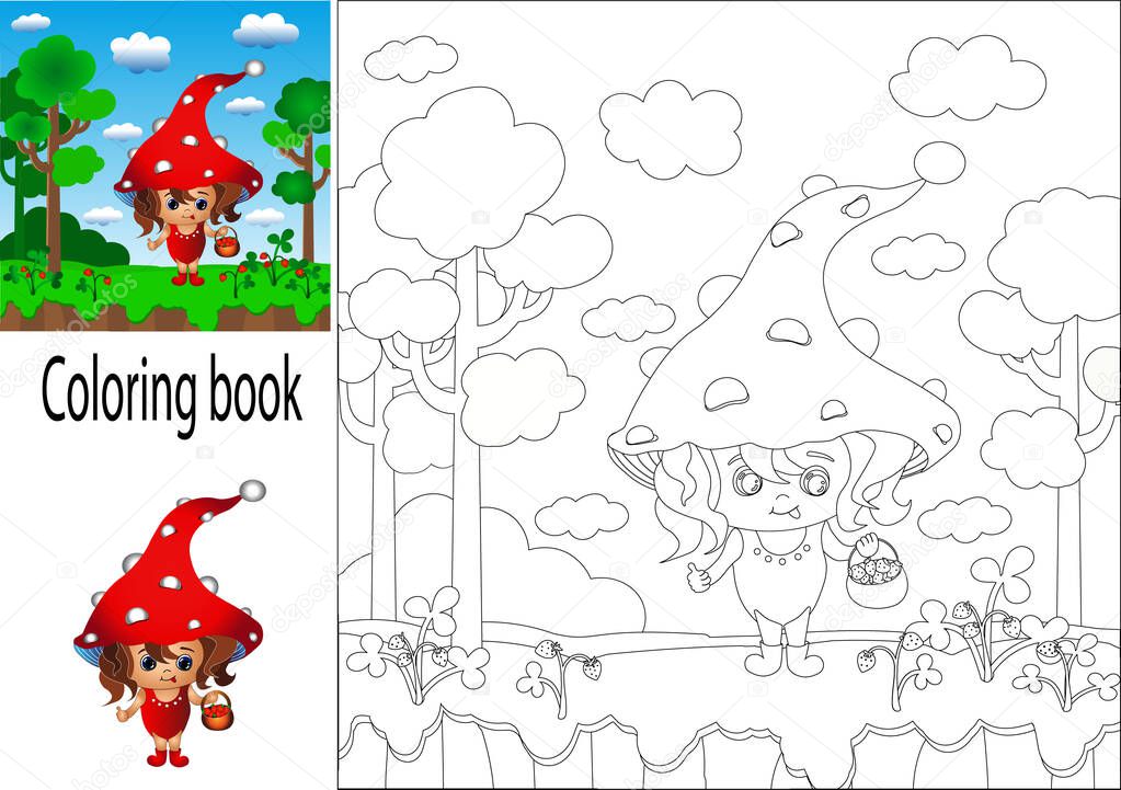 Coloring book for children with a sample. A girl in the forest picks strawberries.