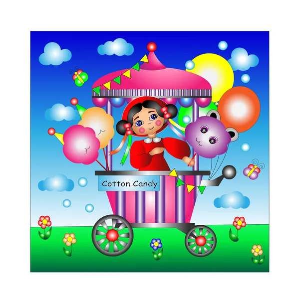 Ljus Färgstark Illustration För Barn Flickan Säljer Sockervadd Pinne Candybar — Stock vektor