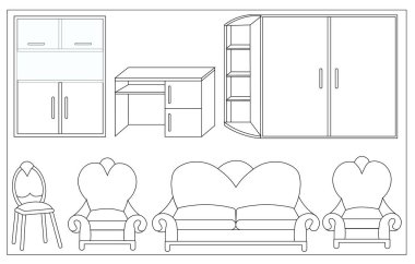 Boyama için bir set mobilya (dolap, masa, sandalye, kanepe, koltuk, kitaplık). Vektör illüstrasyonu.
