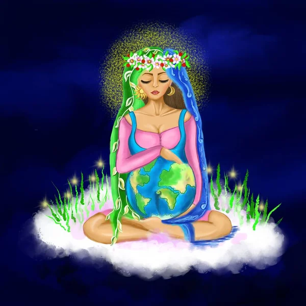 Kreslení Světový Den Země Holčičí Příroda Těhotná Naší Planetou Její — Stock fotografie