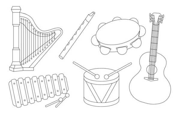 Conjunto Diferentes Instrumentos Musicais Para Colorir Guitarra Tambor Clavisin Harpa — Vetor de Stock