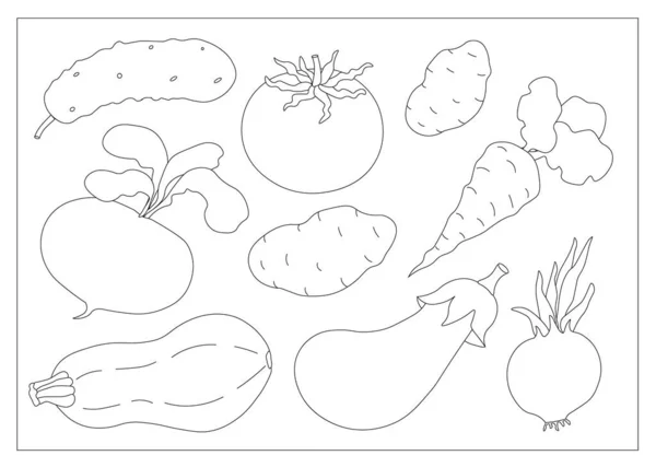 Set Different Vegetables Coloring Carrot Bow Potatoes Eggplant Zucchini Cucumber — Stock Vector