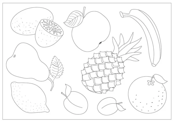 Set Different Fruits Coloring Banana Pineapple Orange Lemon Apple Pear — Stock Vector