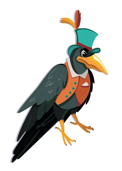 帽子とベストでかわいいカラス 賢い鳥 ベクターイラスト — ストックベクタ