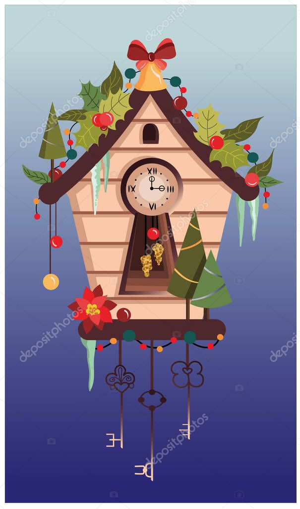 Fabulous New Year's cuckoo clock. Vector illustration