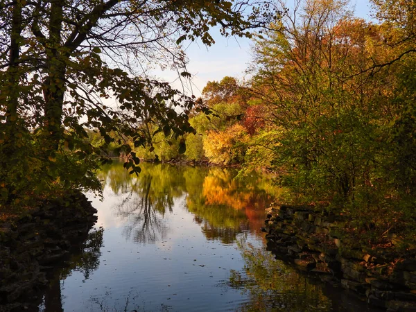 オレンジ 緑の葉を持つ美しい色の木々が背景に明るい青空を背景に水に反射して10月の日に川を見下ろす — ストック写真