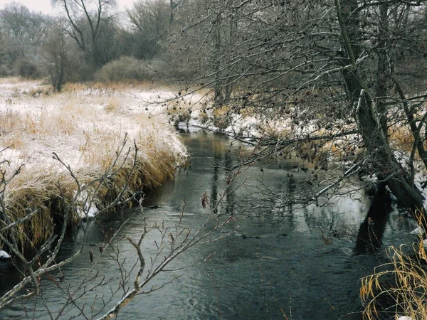 Creek Winter Água Riacho Atravessa Uma Pradaria Coberta Neve Com — Fotografia de Stock