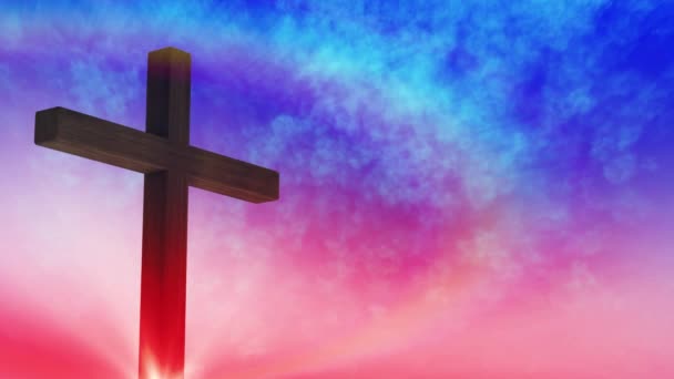 Croix du Calvaire du Christ et soleil levant fond du ciel 