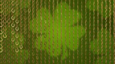 4K St. Patrick Günü sembolleri Atnalı altın arka planı. Yonca şansı. Yonca yapraklı Patrick Day sikkeleri. Patrick Day bar partisi