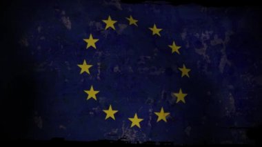 Eski, grunge görünüm arka plan günbatımı AB bayrağı sallayarak,